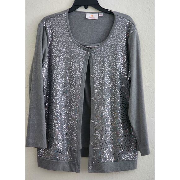 TOP/CARDIGAN-QUACKER FACTORY-Gray-One Piece Tank & Cardigan-Sequins-Size LRG - Picture 1 of 13